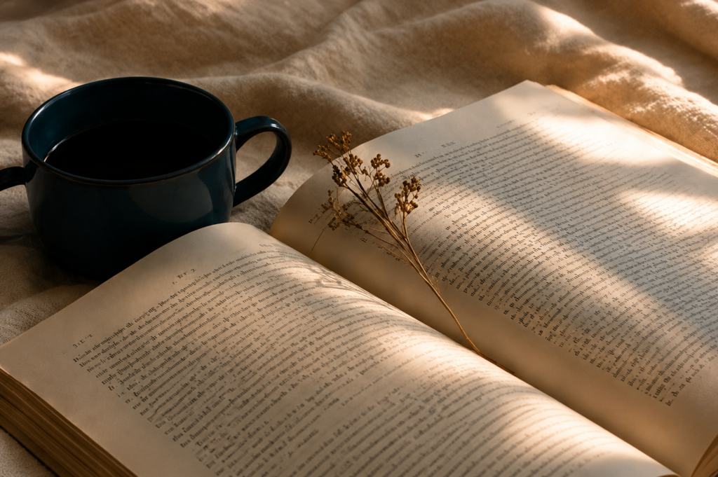 Livro aberto ao lado de uma xícara de café, representando leitura, reflexão e contemplação
