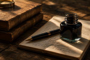 Livros, pena e tinteiro representando a escrita e a literatura