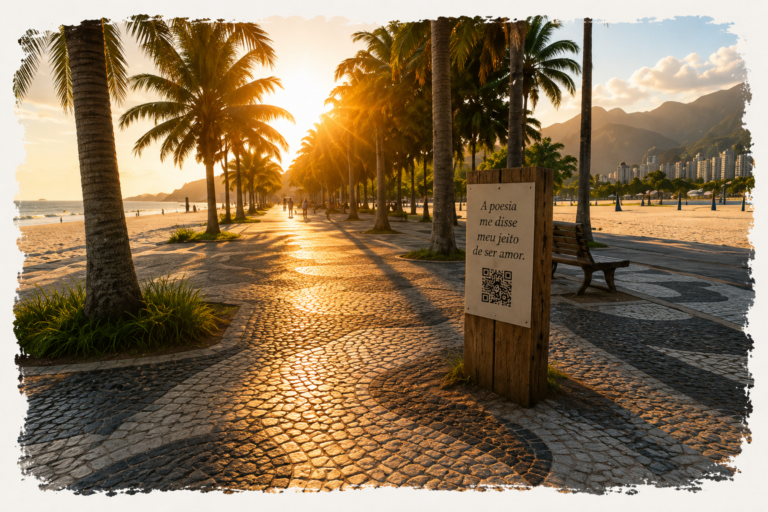 Totem do projeto Palavras ao Sol instalado em um calçadão à beira-mar