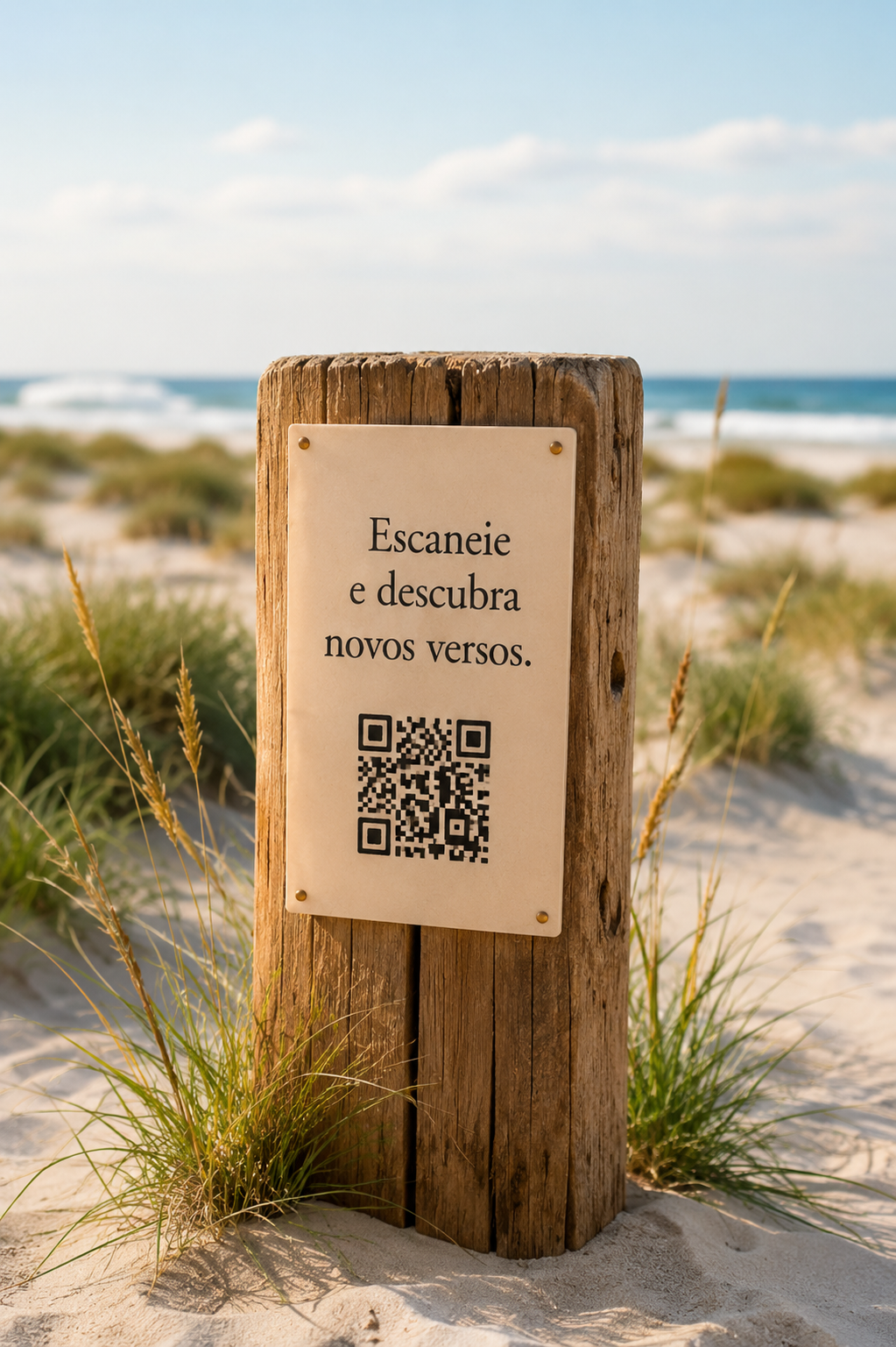 Totem do projeto Palavras ao Sol com QR Code para acesso ao portal