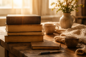 Livros sobre uma mesa representando leitura, reflexão e conhecimento