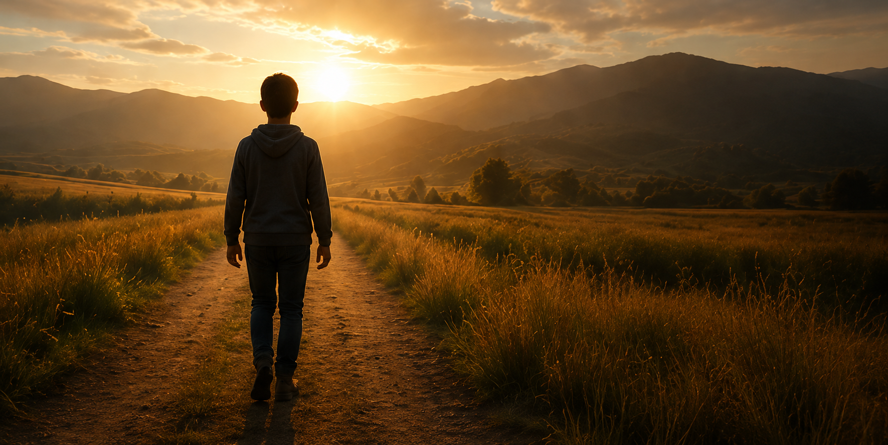 Pessoa caminhando em direção ao pôr do sol representando uma jornada de superação e reflexão