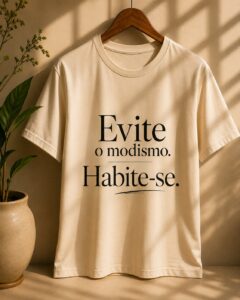 Camiseta com a frase "Evite o modismo. Habite-se.", da coleção O Ser e as Palavras