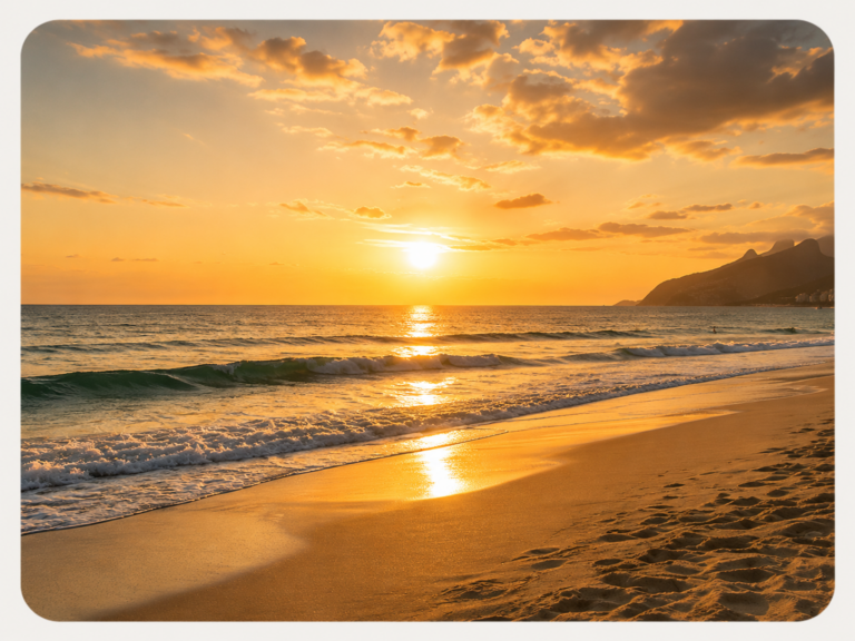 Praia ao pôr do sol representando um espaço para contemplação e poesia