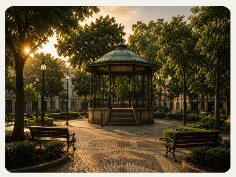 Praça arborizada representando um espaço de encontro para a poesia